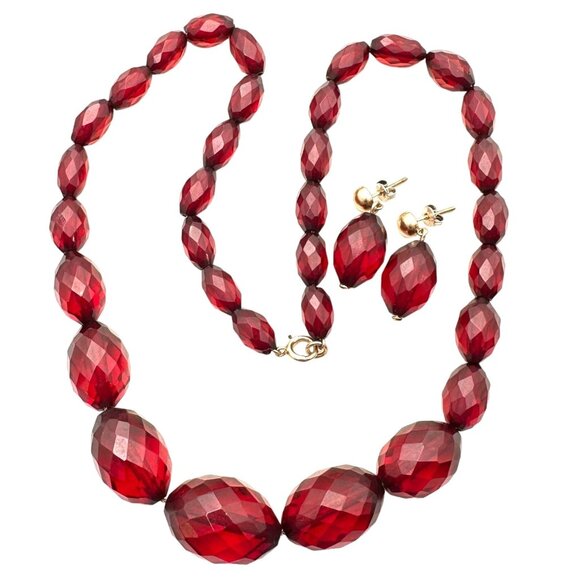 Antique 14K Rose Gold Faceted Cherry Amber Bakelite Bead Necklace Earrings Set